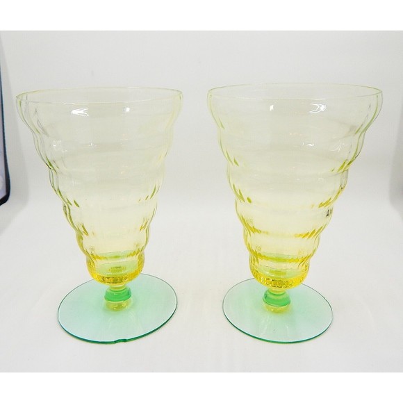 Utility Glass Works Cambodia Ware Vaseline Green Foot Ice Tea Water Goblet Set 4 - Picture 3 of 16